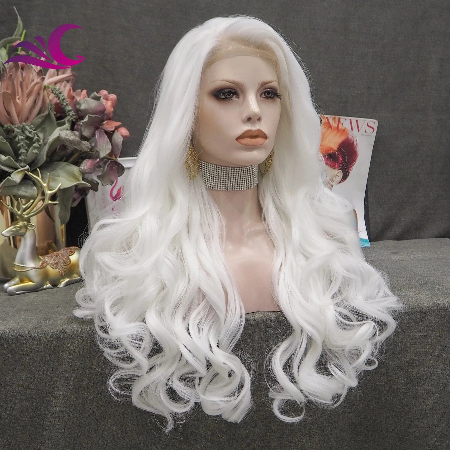 Celebrity white color drag queen cosplay 28 inch heat friendly synthetic lace front wig