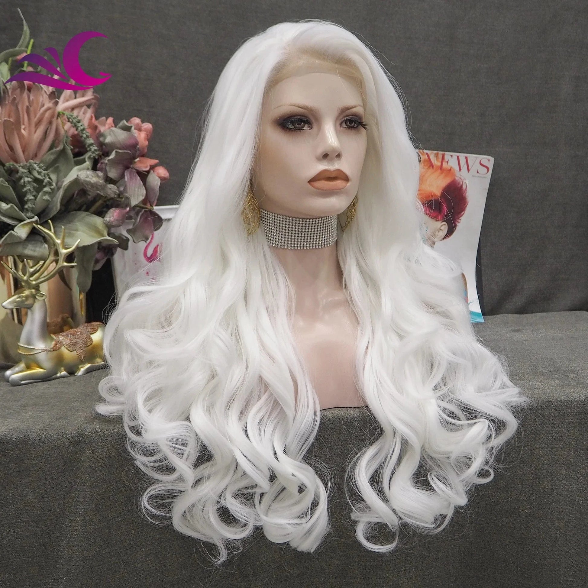 Celebrity white color drag queen cosplay 28 inch heat friendly synthetic lace front wig