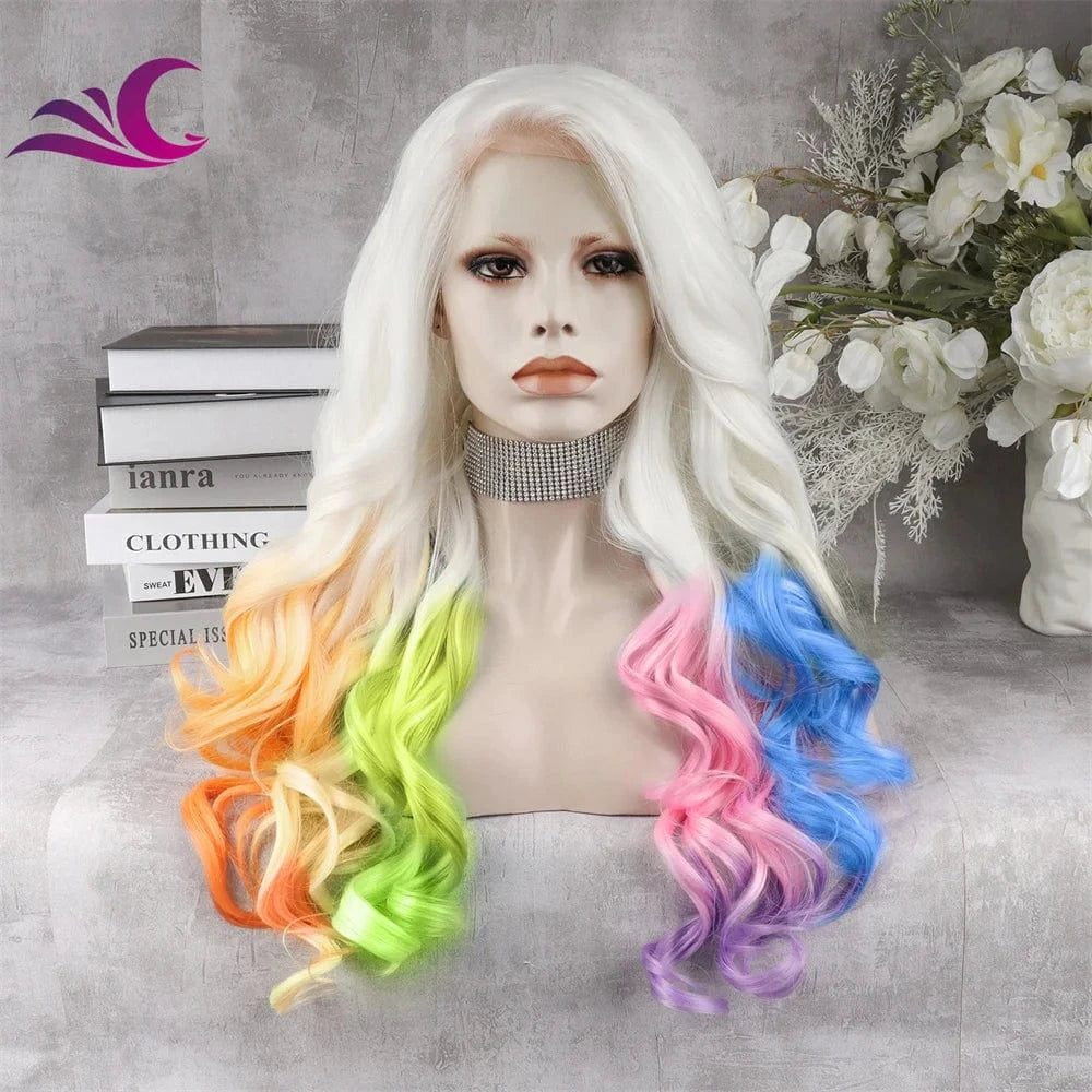 Celebrity white color drag queen cosplay 28 inch heat friendly synthetic lace front wig