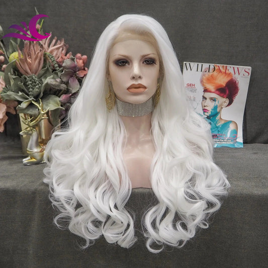 Celebrity white color drag queen cosplay 28 inch heat friendly synthetic lace front wig