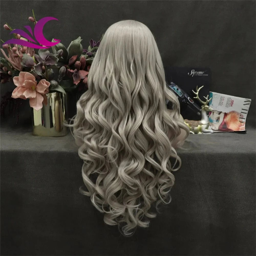 Celebrity white grey ash color cosplay drag daily wig futura fiber heat resistant lace front wig