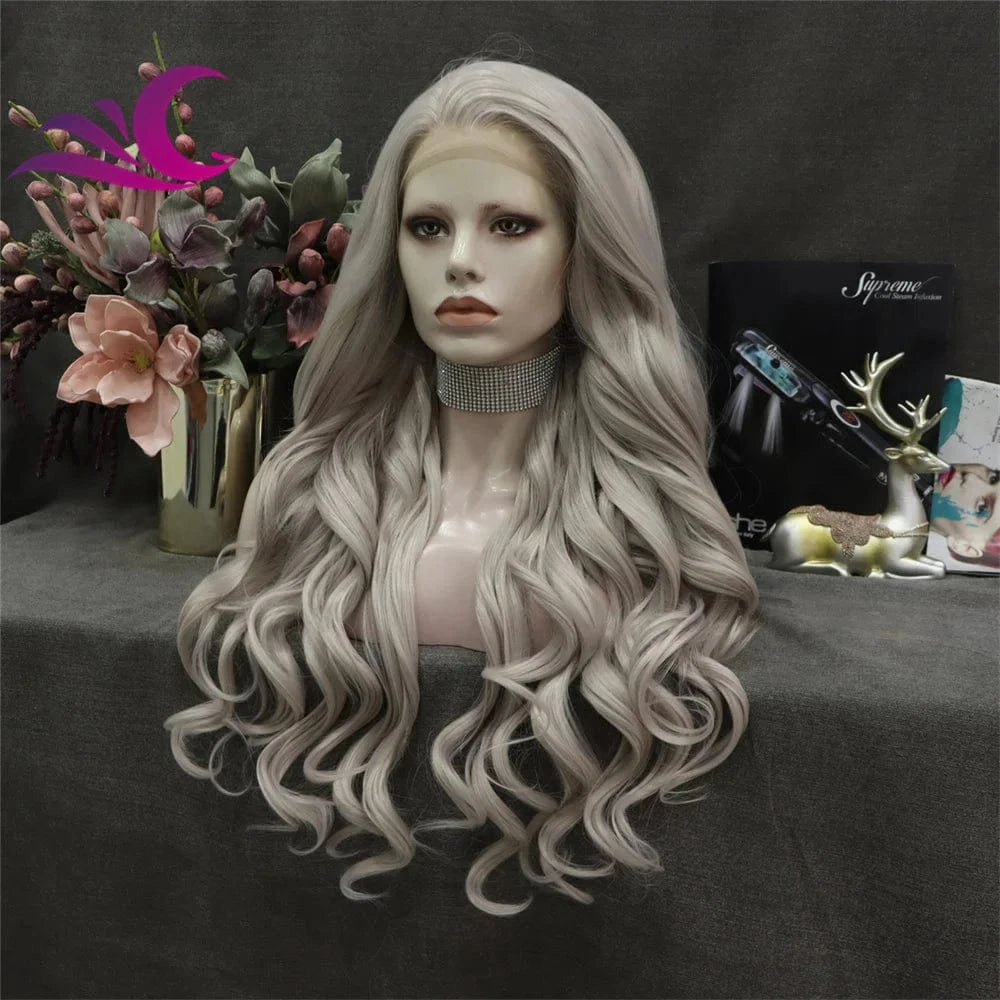 Celebrity white grey ash color cosplay drag daily wig futura fiber heat resistant lace front wig