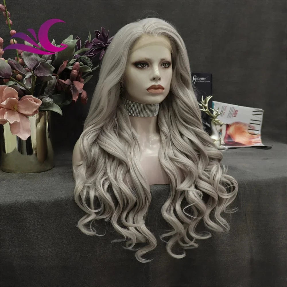 Celebrity white grey ash color cosplay drag daily wig futura fiber heat resistant lace front wig