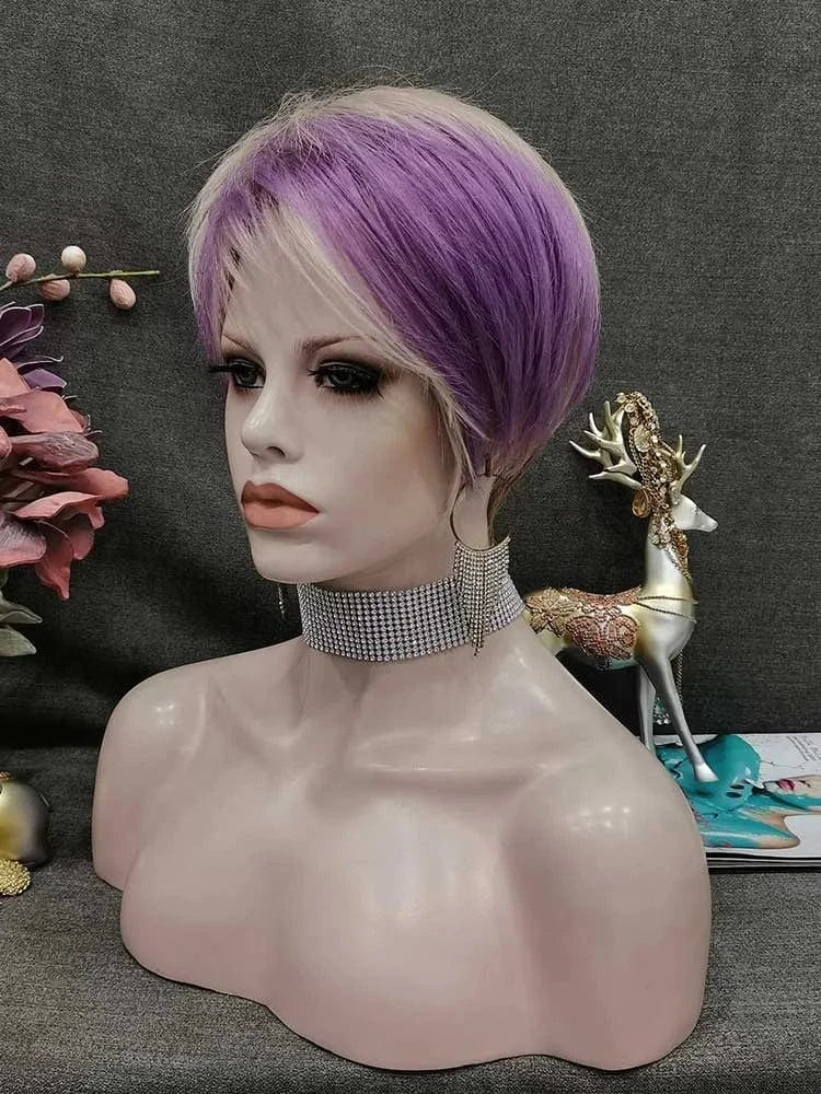 Celebrity Wholesale Popular Synthetic Ash Purple Color Short Pixie Cut Fiber Synthetic Wigs