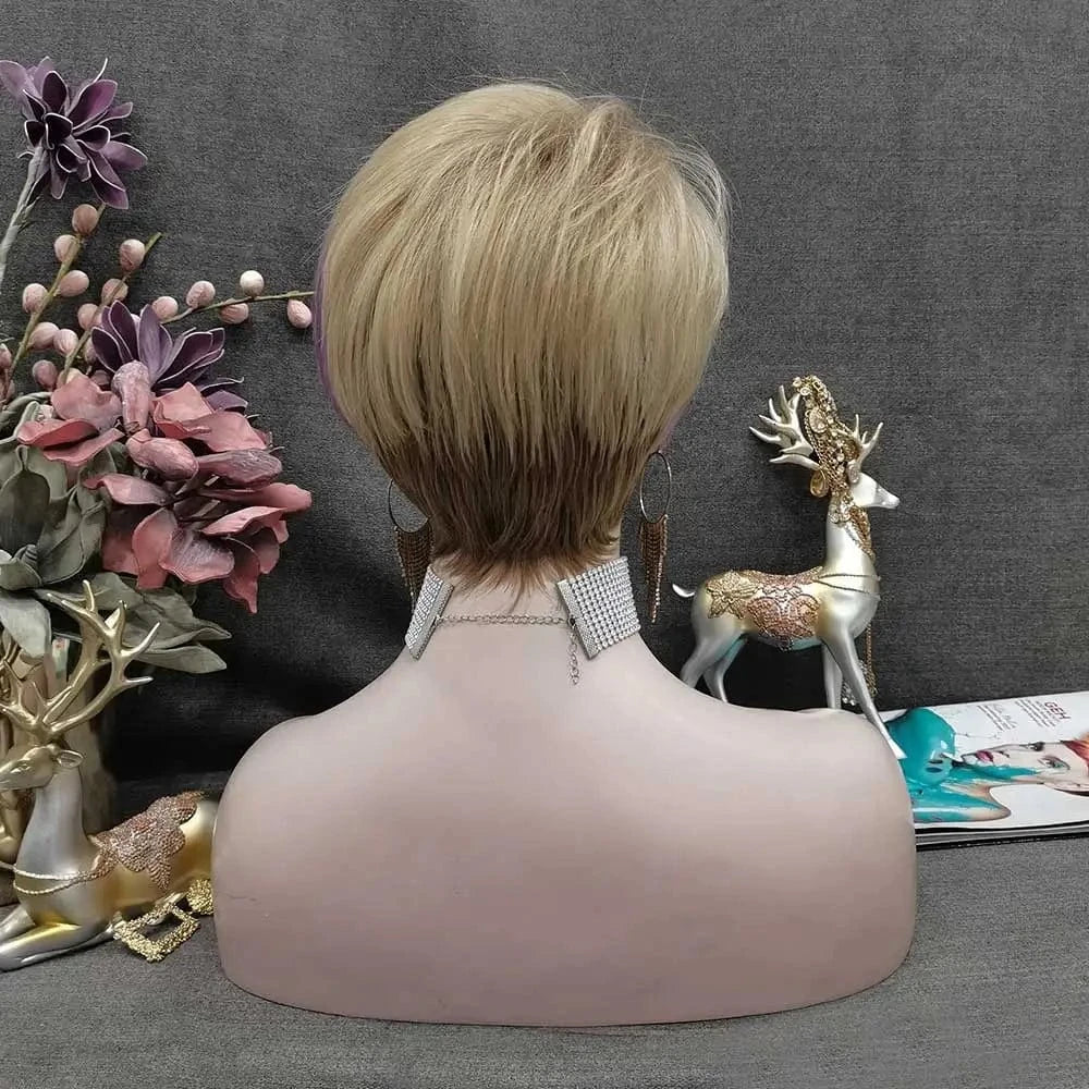 Celebrity Wholesale Popular Synthetic Ash Purple Color Short Pixie Cut Fiber Synthetic Wigs
