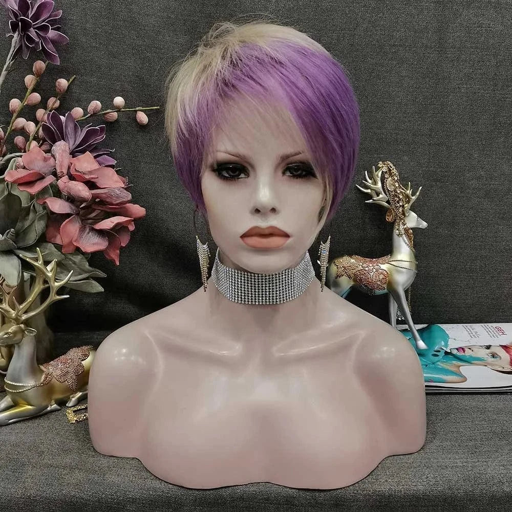 Celebrity Wholesale Popular Synthetic Ash Purple Color Short Pixie Cut Fiber Synthetic Wigs