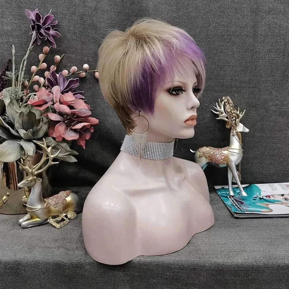 Celebrity Wholesale Popular Synthetic Ash Purple Color Short Pixie Cut Fiber Synthetic Wigs