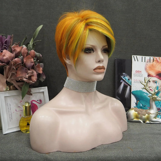 Celebrity Wholesale Popular Synthetic Moosaic gold Color Short Pixie Cut Fiber Synthetic Wigs