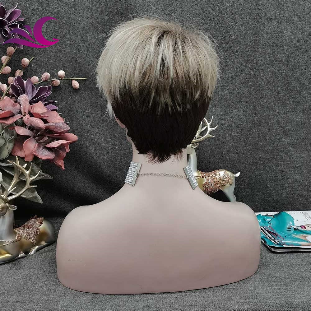 Celebrity Wholesale Short Pixie Cut Ash Blond Color Synthetic Heat Resistant Fiber Full Machine Synthetic Hair Wigs