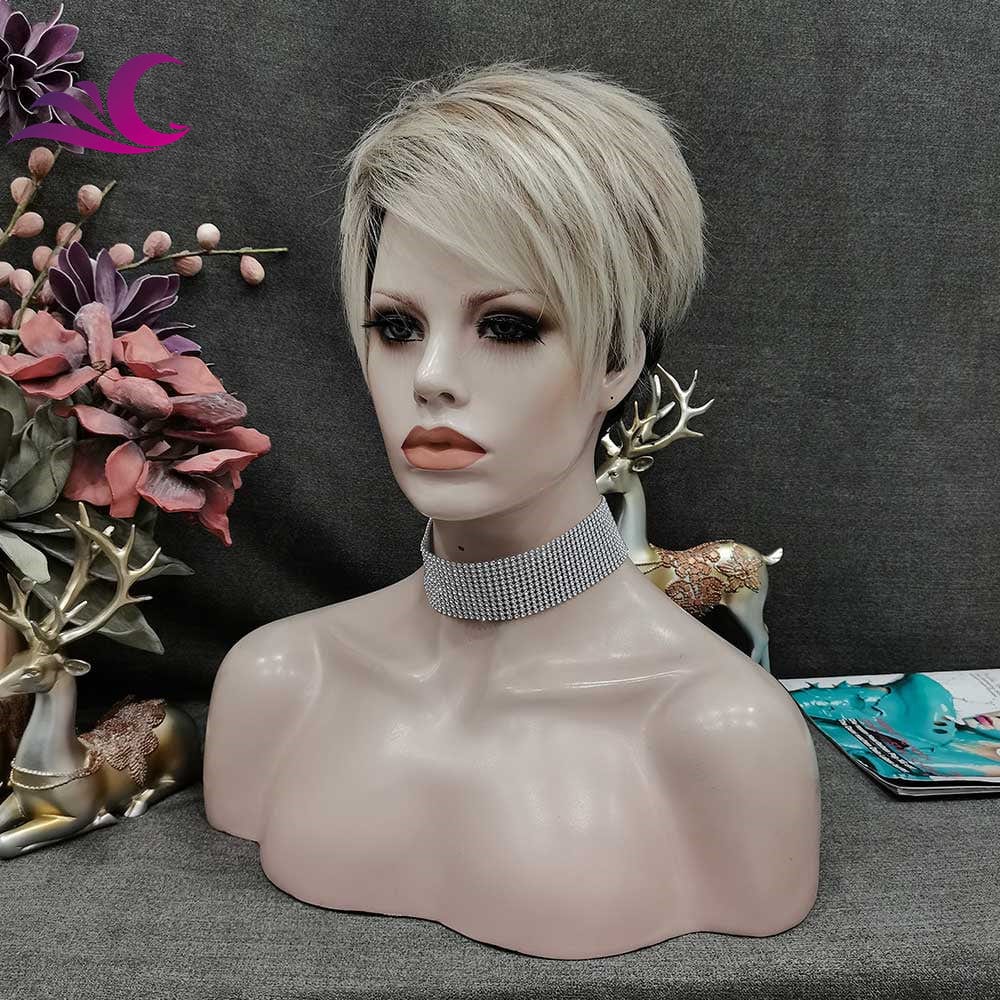 Celebrity Wholesale Short Pixie Cut Ash Blond Color Synthetic Heat Resistant Fiber Full Machine Synthetic Hair Wigs