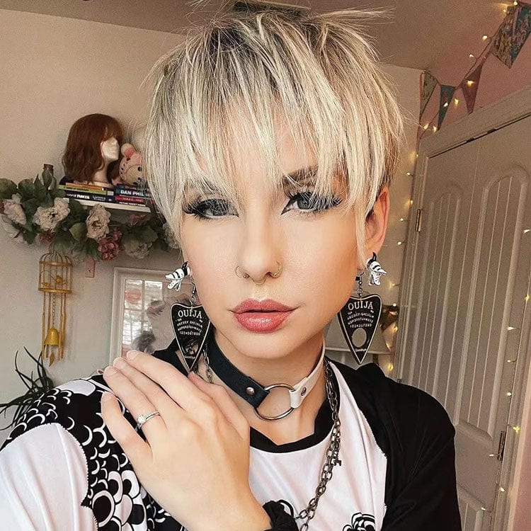Celebrity Wholesale Short Pixie Cut Ash Blond Color Synthetic Heat Resistant Fiber Full Machine Synthetic Hair Wigs