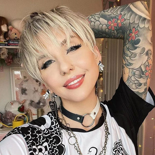 Celebrity Wholesale Short Pixie Cut Ash Blond Color Synthetic Heat Resistant Fiber Full Machine Synthetic Hair Wigs