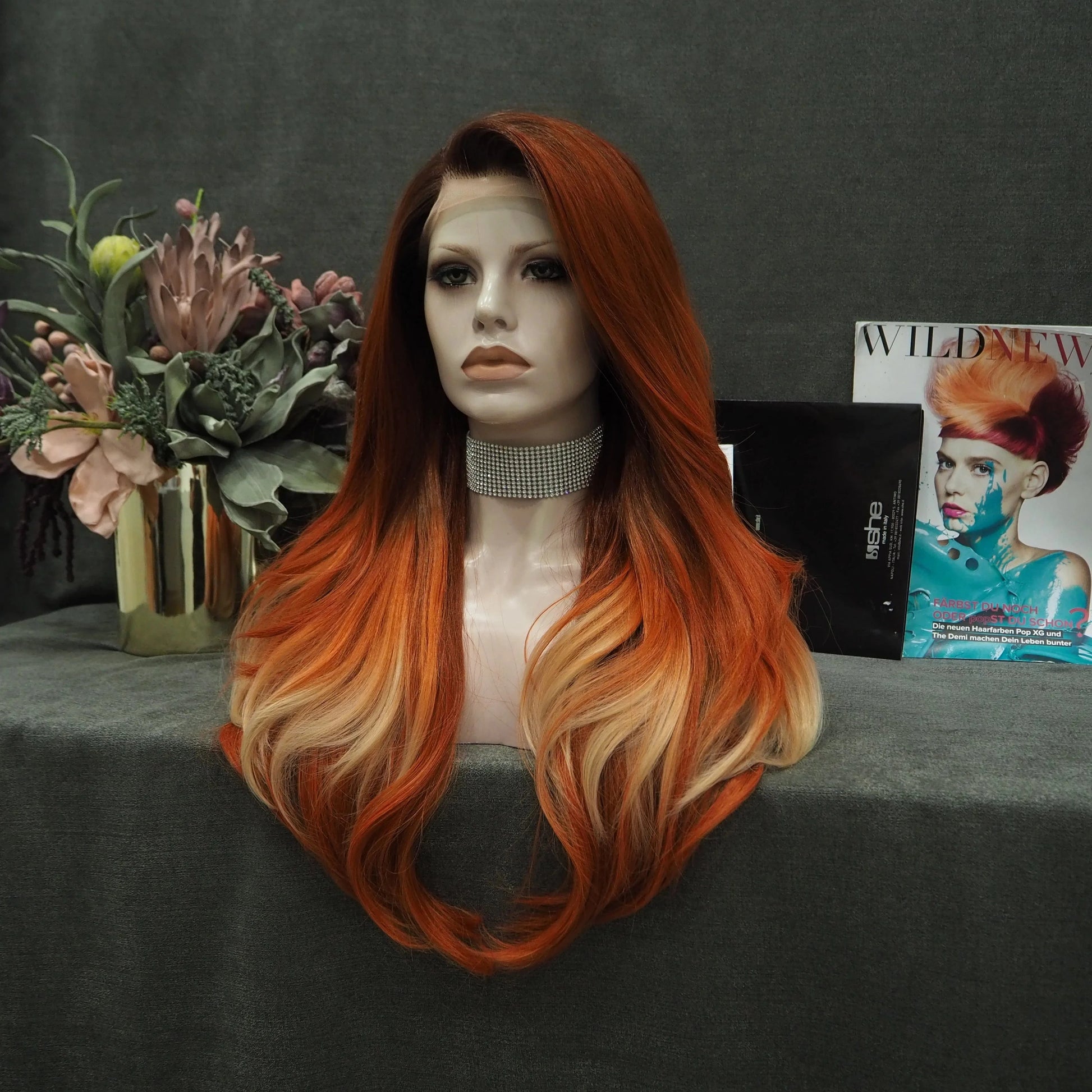 Celebrity Wig  New Designed dark root orangel color Daily life Wearing futura Henlon fiber Synthetic Lace front Wigs