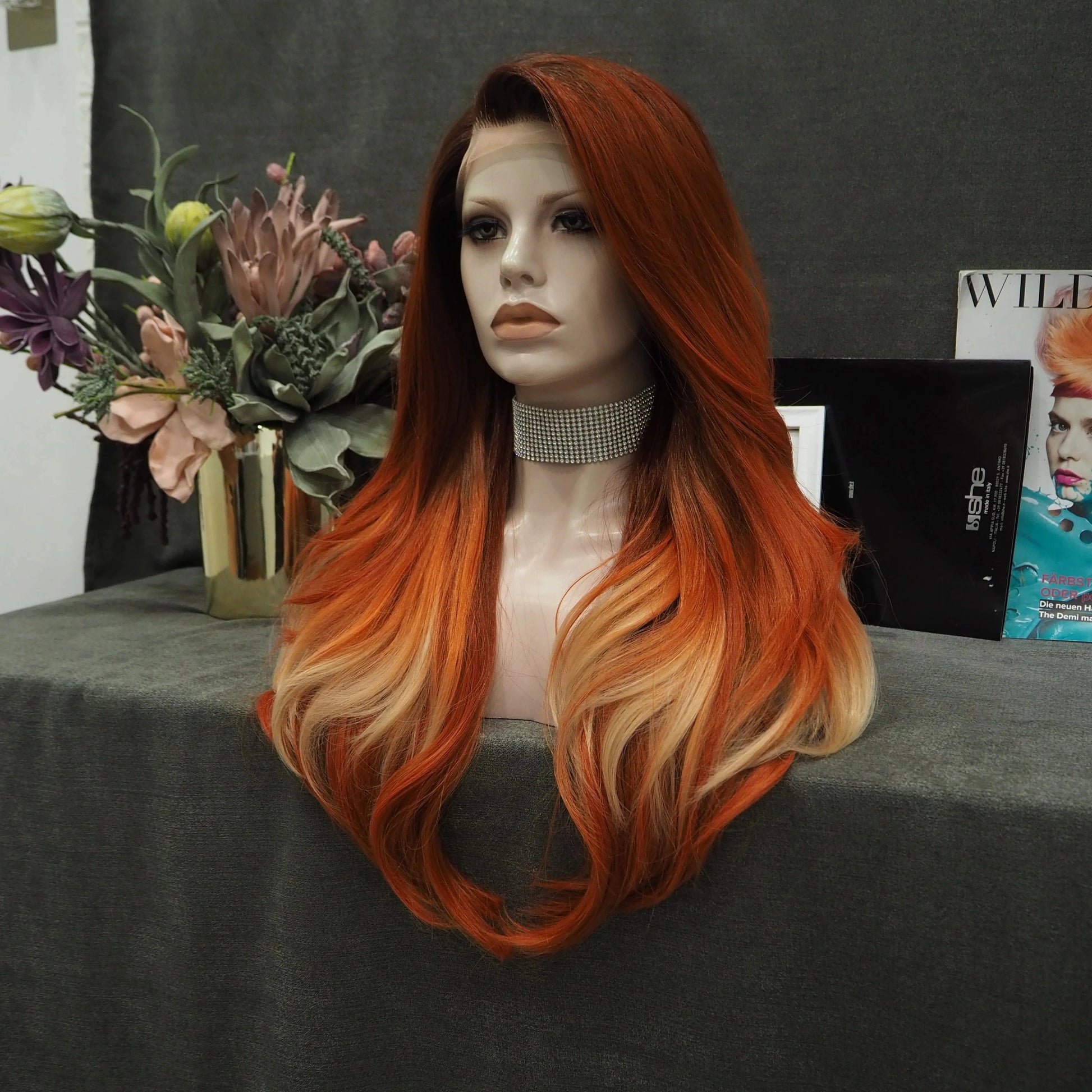 Celebrity Wig  New Designed dark root orangel color Daily life Wearing futura Henlon fiber Synthetic Lace front Wigs