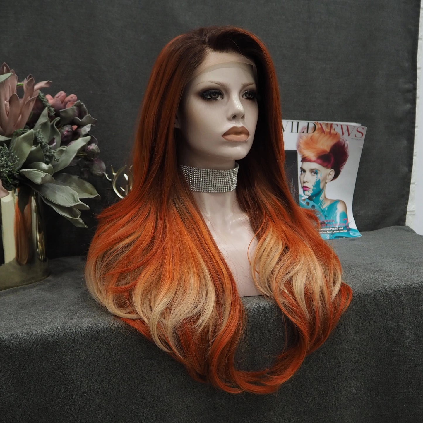 Celebrity Wig  New Designed dark root orangel color Daily life Wearing futura Henlon fiber Synthetic Lace front Wigs