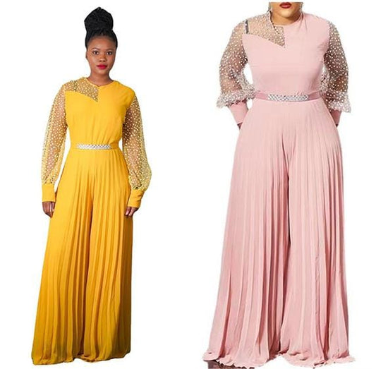 CFA6540 African Plus Size Jumpsuits For Women Polka Dot Mesh Sleeve Hight Waist Wide Leg Pleated Jumpsuit One Piece Jumpsuit