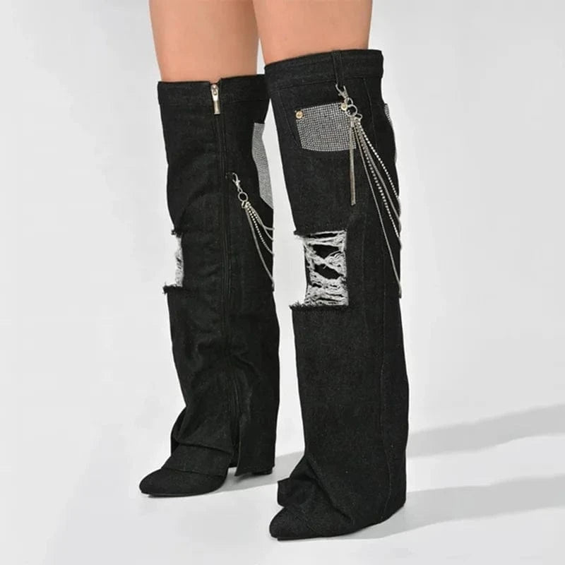 Chain Decor Women Denim Overlay Over Knee High Boots Ladies High Chunky Heels Shoes Patchwork Jeans Pants Long Booties