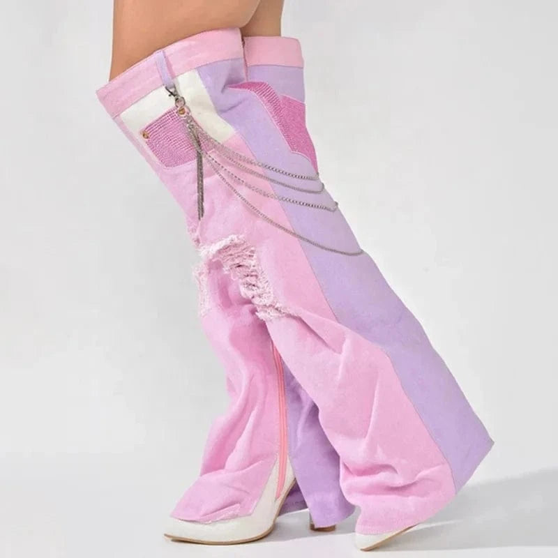 Chain Decor Women Denim Overlay Over Knee High Boots Ladies High Chunky Heels Shoes Patchwork Jeans Pants Long Booties