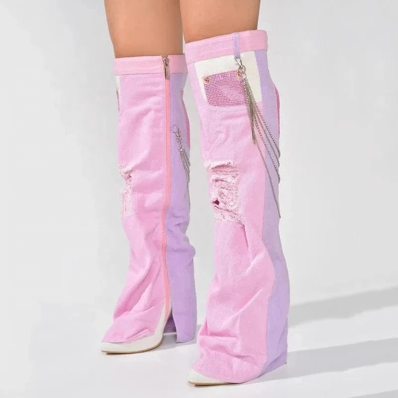 Chain Decor Women Denim Overlay Over Knee High Boots Ladies High Chunky Heels Shoes Patchwork Jeans Pants Long Booties