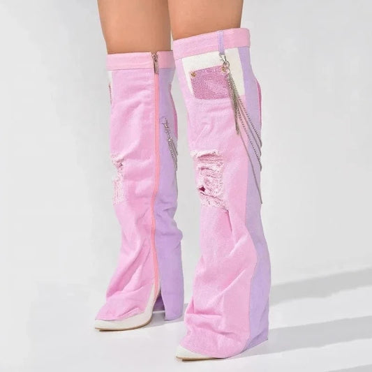 Chain Decor Women Denim Overlay Over Knee High Boots Ladies High Chunky Heels Shoes Patchwork Jeans Pants Long Booties