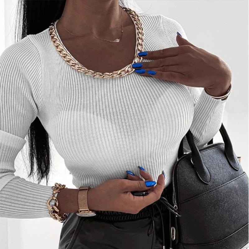 Chain Decoration O-Neck Stripe Women's Sweater Solid Black Long Sleeve Slim Sexy Ladies Streetwear Spring Top Fashion New
