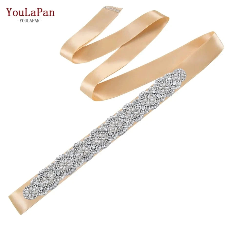 Champagne Ribbon YouLaPan S04C Rhinestone Party Dress Belt Luxury Bridal Sash Ribbon For Ladies Evening Dress Bridal Jewelry Belt