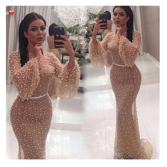 Champagne Women Pearls Long Hubble-bubble Sleeves tight-fitting Party Prom dress