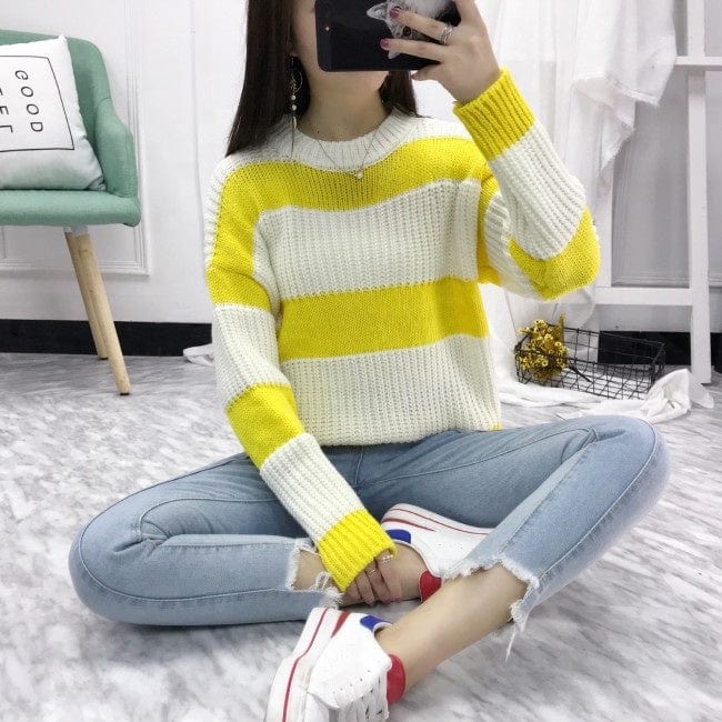 Cheap Crew Neck Long Sleeve Stripe Knitted Women Woolen Sweater
