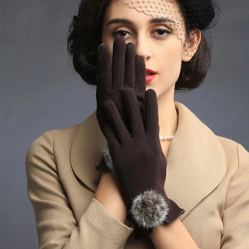 Cheap daily life cute red warm touch screen rabbit fur ball riding women winter gloves