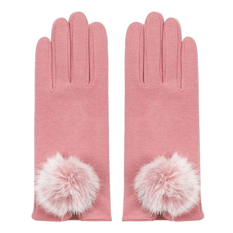 Cheap daily life cute red warm touch screen rabbit fur ball riding women winter gloves