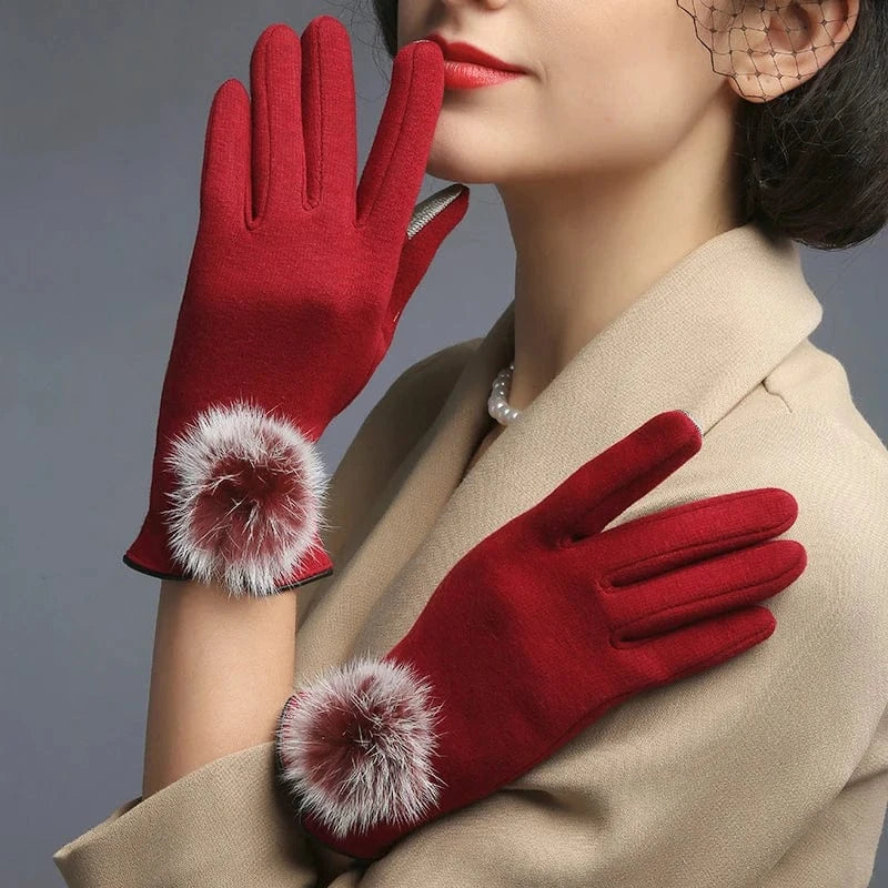 Cheap daily life cute red warm touch screen rabbit fur ball riding women winter gloves