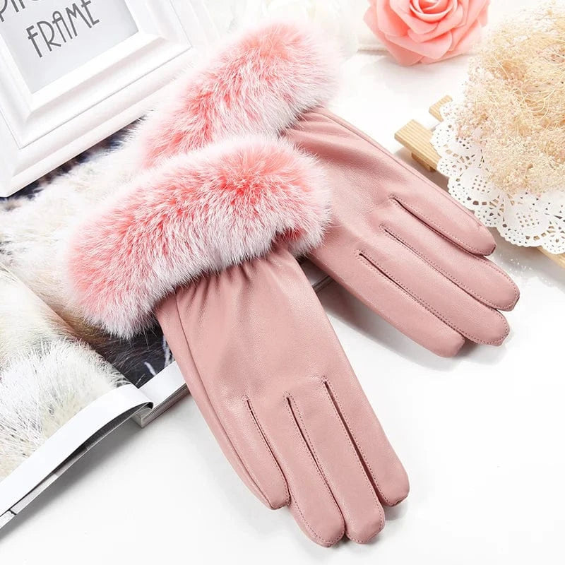 Cheap fur touch screen warm pu synthetic leather ladies hand gloves
