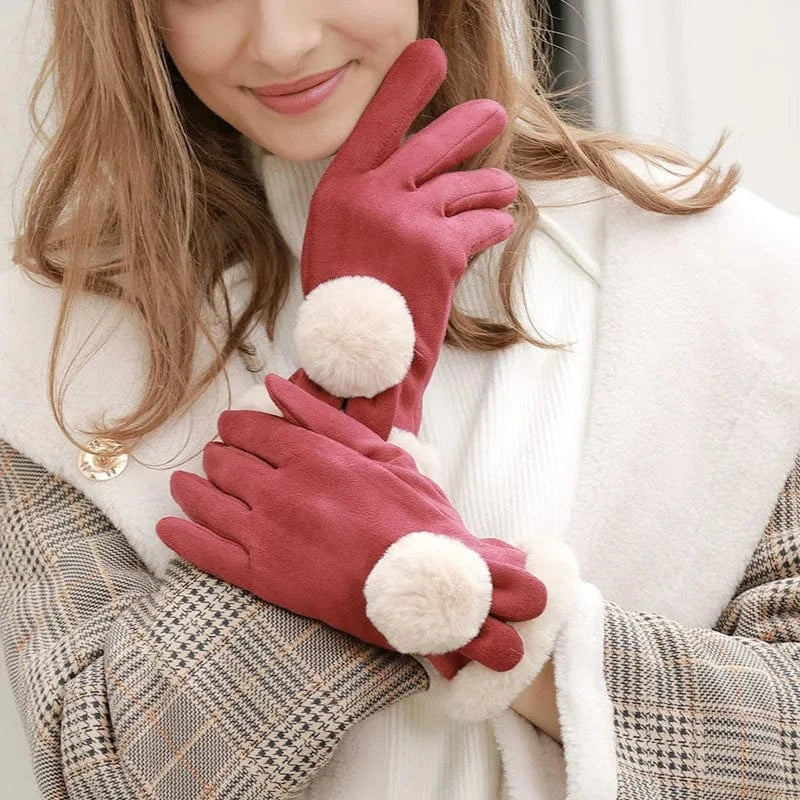 Cheap lovely ball warm winter lady suede fabric fancy girls gloves touch screen