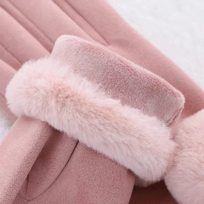 Cheap lovely ball warm winter lady suede fabric fancy girls gloves touch screen