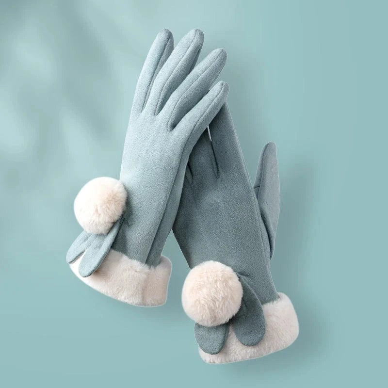 Cheap lovely ball warm winter lady suede fabric fancy girls gloves touch screen