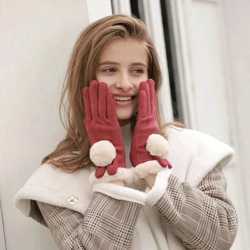 Cheap lovely ball warm winter lady suede fabric fancy girls gloves touch screen