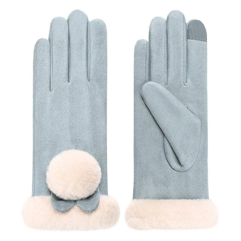 Cheap lovely ball warm winter lady suede fabric fancy girls gloves touch screen