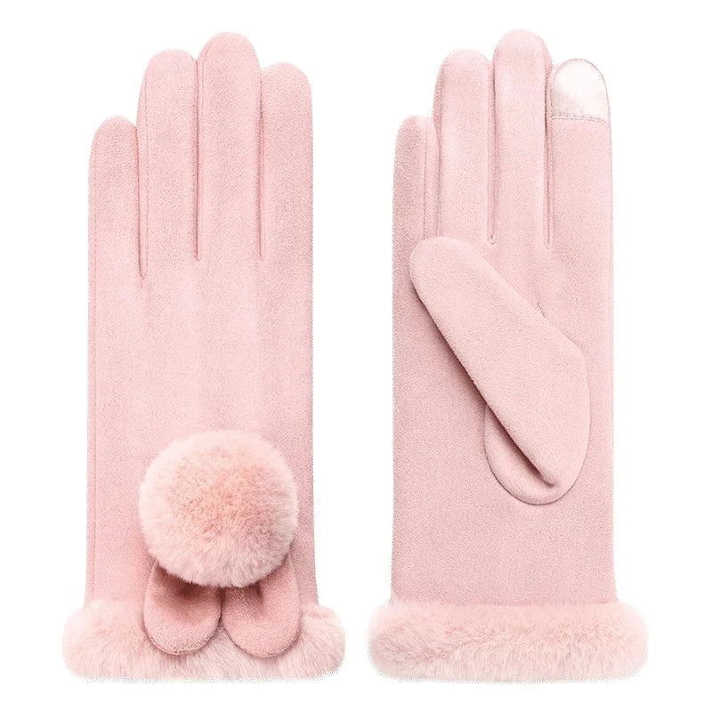 Cheap lovely ball warm winter lady suede fabric fancy girls gloves touch screen