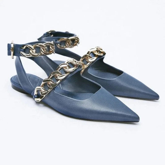Cheap price ladies shoes Anmairon high quality blue leather pointy toe flat shoes hot sale womens pumps