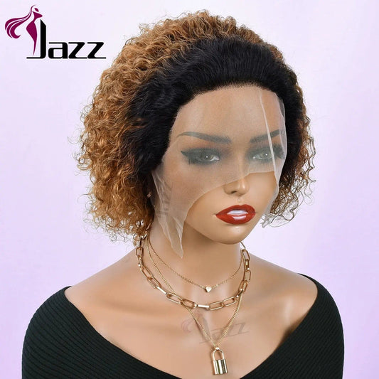 Cheap Virgin Hair 1B/27# Peruvian Bob Wig Pixie Curls Human Hair glueless Wigs Transparent Lace Front Wigs For Black Women