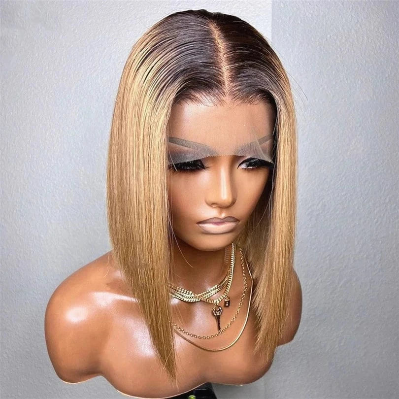 Cheap Wig Ombre Yellow Color Bone Straight Short Cut Bob Raw Vietnamese Human Hair 13x4 Lace Front Wigs