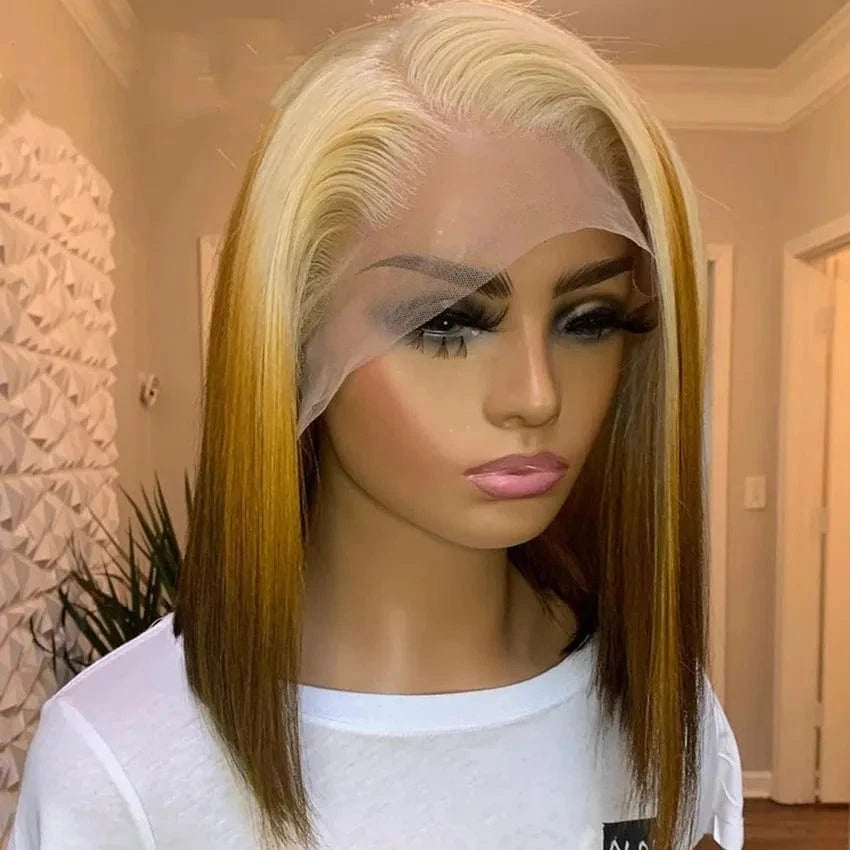 Cheap Wig Ombre Yellow Color Bone Straight Short Cut Bob Raw Vietnamese Human Hair 13x4 Lace Front Wigs