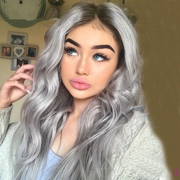 Cheap Wigs Unprocessed Body Wave Brazilian Human Hair Gray Color French Lace 13*4 Front Wig