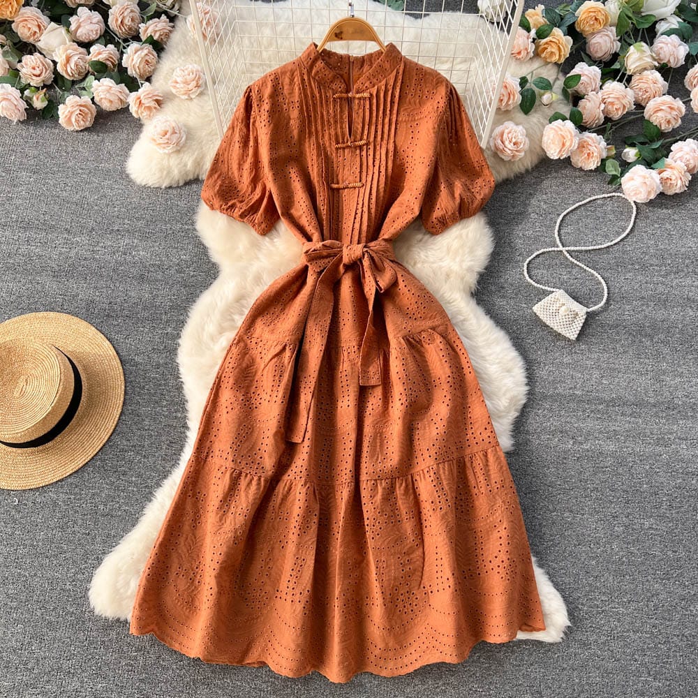 Chic gentle style dress women's summer wais hollow bubble short sleeve A-line fairy dress