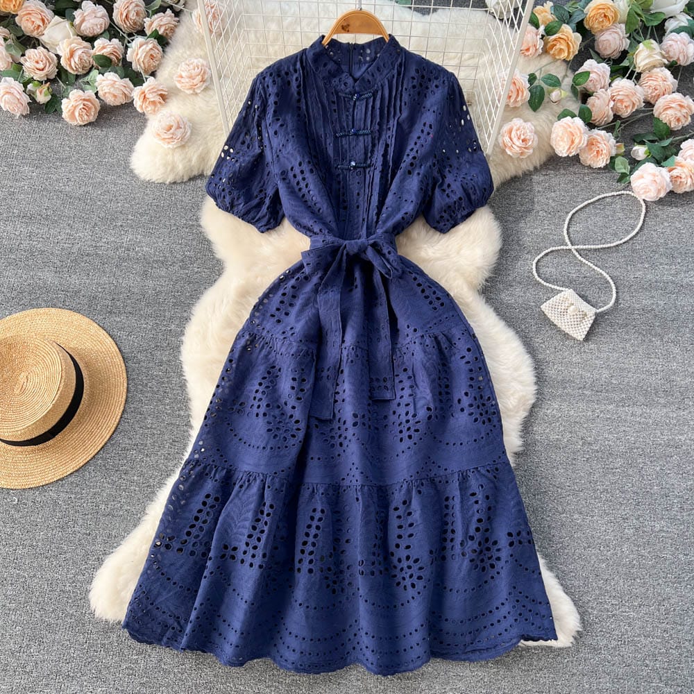 Chic gentle style dress women's summer wais hollow bubble short sleeve A-line fairy dress