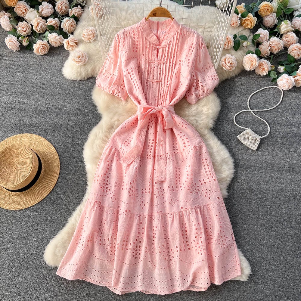 Chic gentle style dress women's summer wais hollow bubble short sleeve A-line fairy dress
