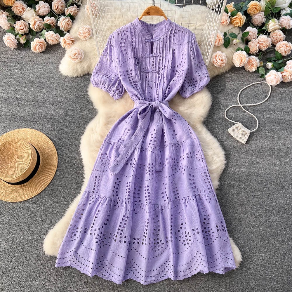 Chic gentle style dress women's summer wais hollow bubble short sleeve A-line fairy dress