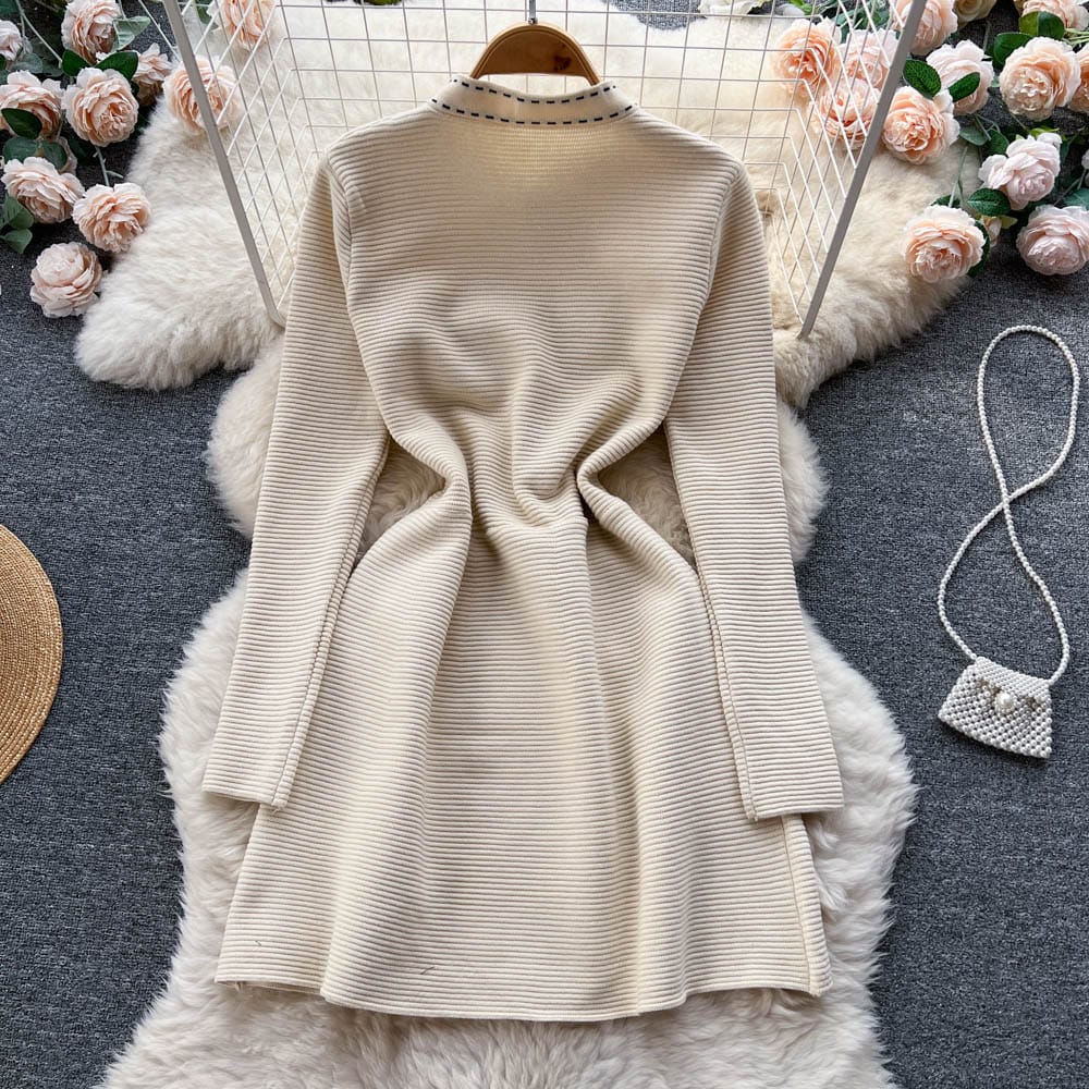 Chic Peter Pan Collar Bandage Tight Rib-Knit A-Line Dresses Women Lady Elegant Solid Slim Knitting Sweater Dress