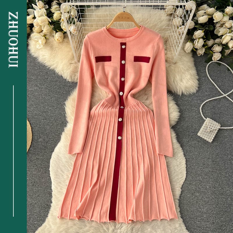 Chic Peter Pan Collar Long Sleeve Patchwork Pearl Button Trim Knit Dress Women Elegant Contrast Color Office Sweater Dresses