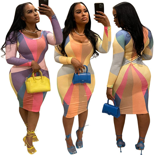 chic plus size color block bodycon dress ladies casual fitted long sleeve ribbed midi dress